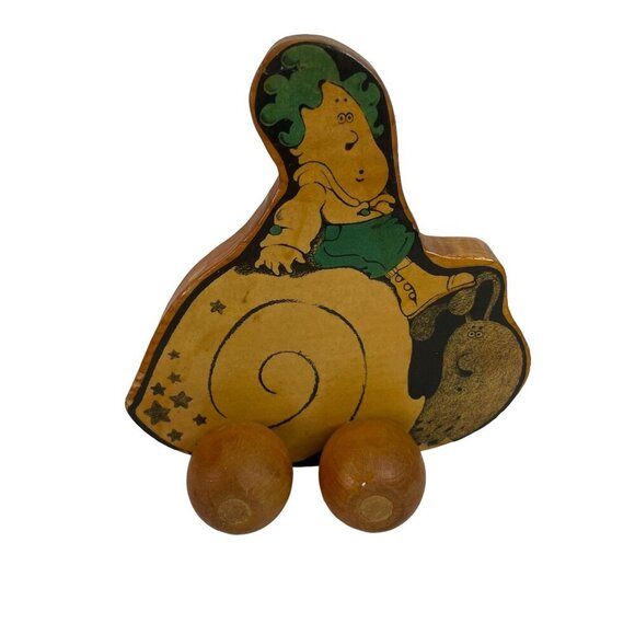 Vintage Wooden Push Toy Humorous Snail Design With Character Rider 1975 - Picture 2 of 8